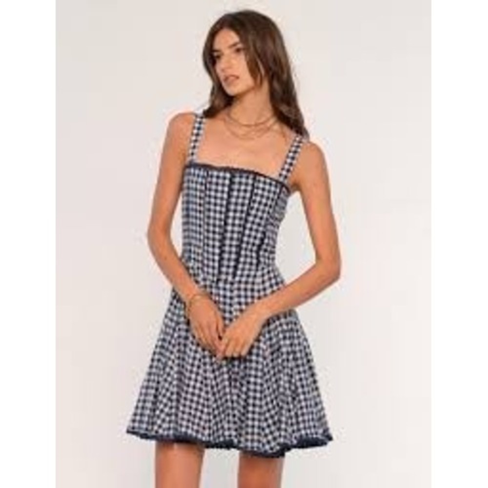 Heartloom Navy Gingham Mini Dress Smocked Back Lace Trim XS NEW